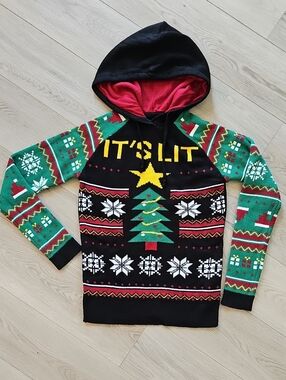 Amnesia Ugly Christmas Holiday Sweater Hoodie Fair Isle Knit, Small